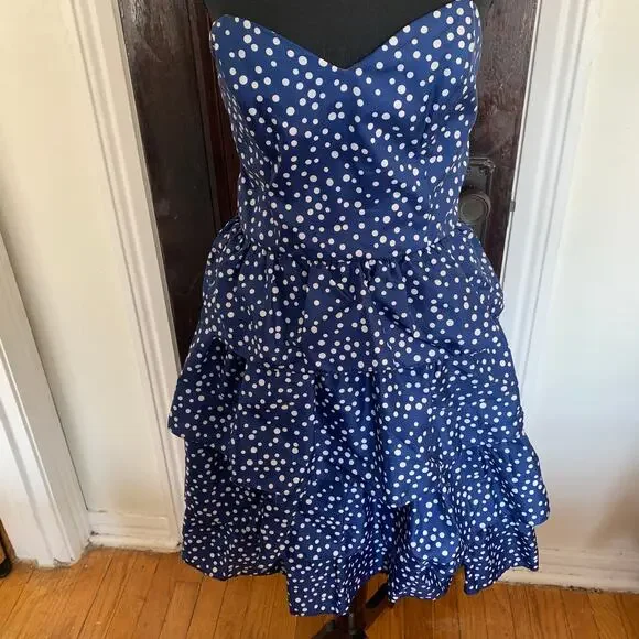 Vintage 80s Diamonds Run Blue Polkadot Tiered Cupcake Dress Strapless Sweetheart - Picture 2 of 5